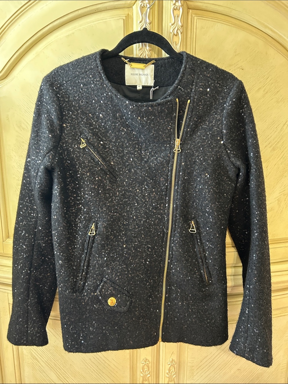 Pierre Balmain Black Tweed Zip Moto Jacket with Gold Hardware